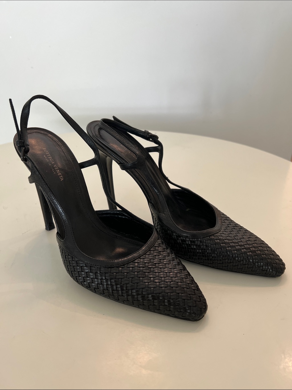 Bottega Veneta Black Woven Leather Slingback Heels